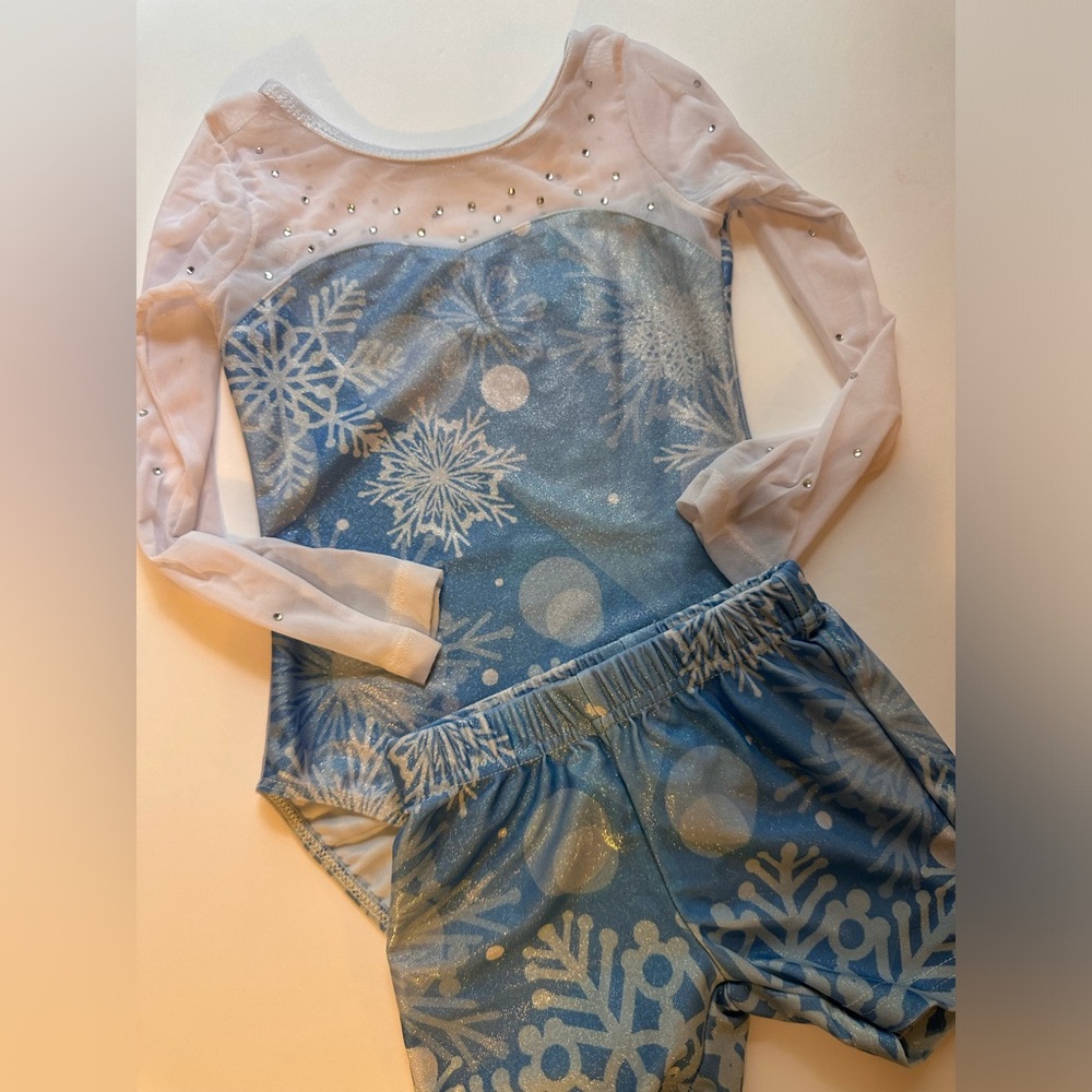 Blue Snowflake Sparkle Leotard + Matching Shorts